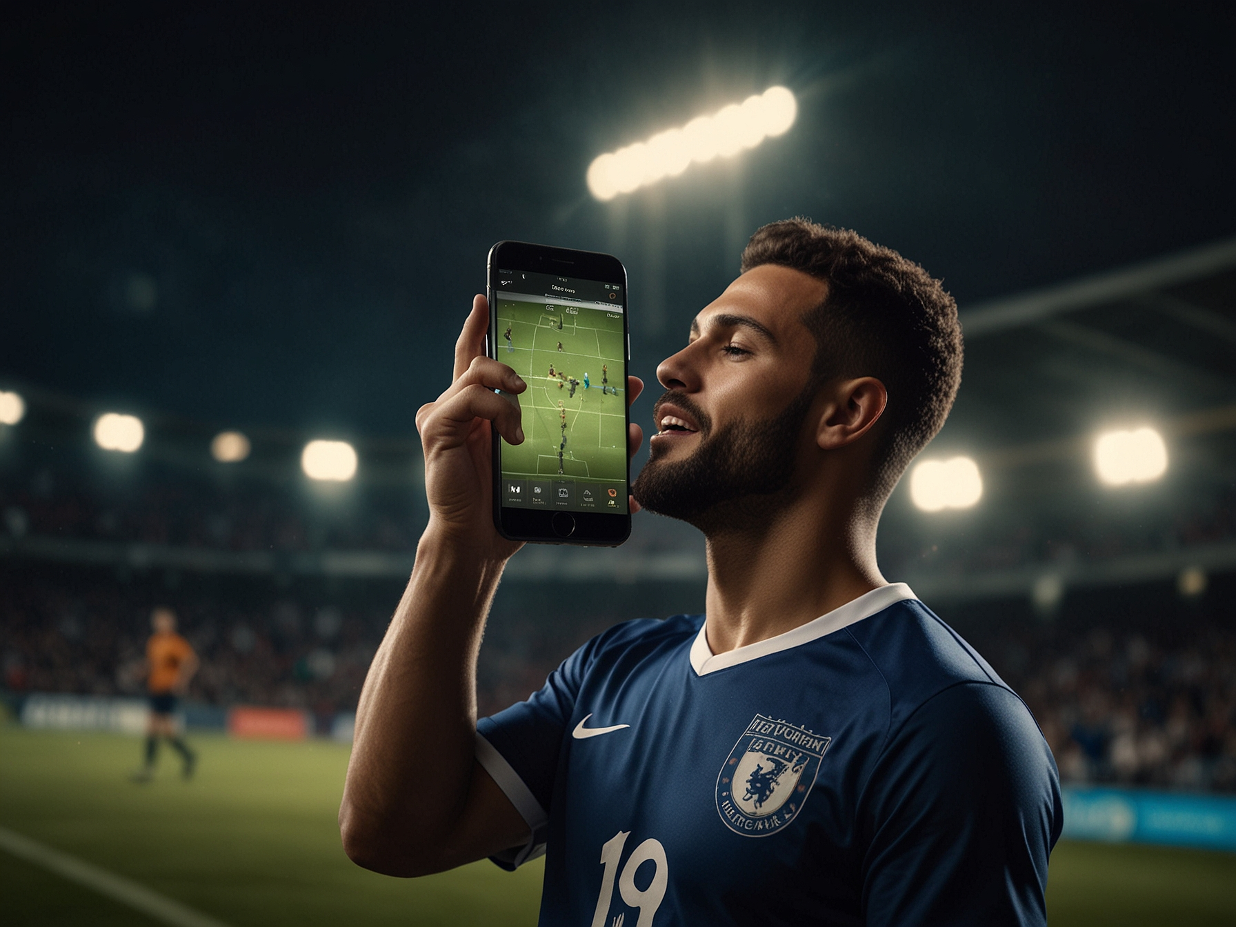 Athlete celebrating with smartphone showing Betwinner interface